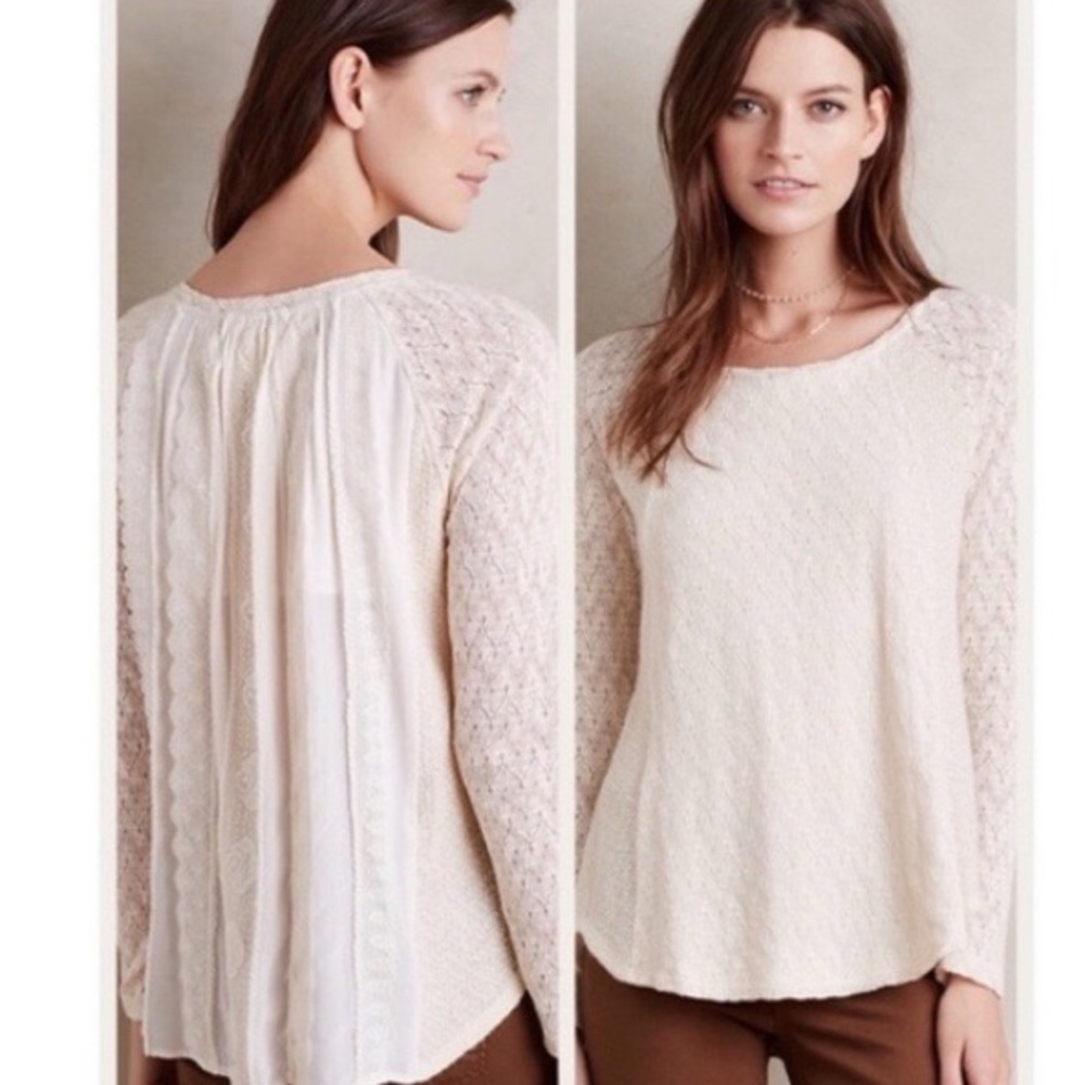 Anthropologie Cream Lace Knit Top